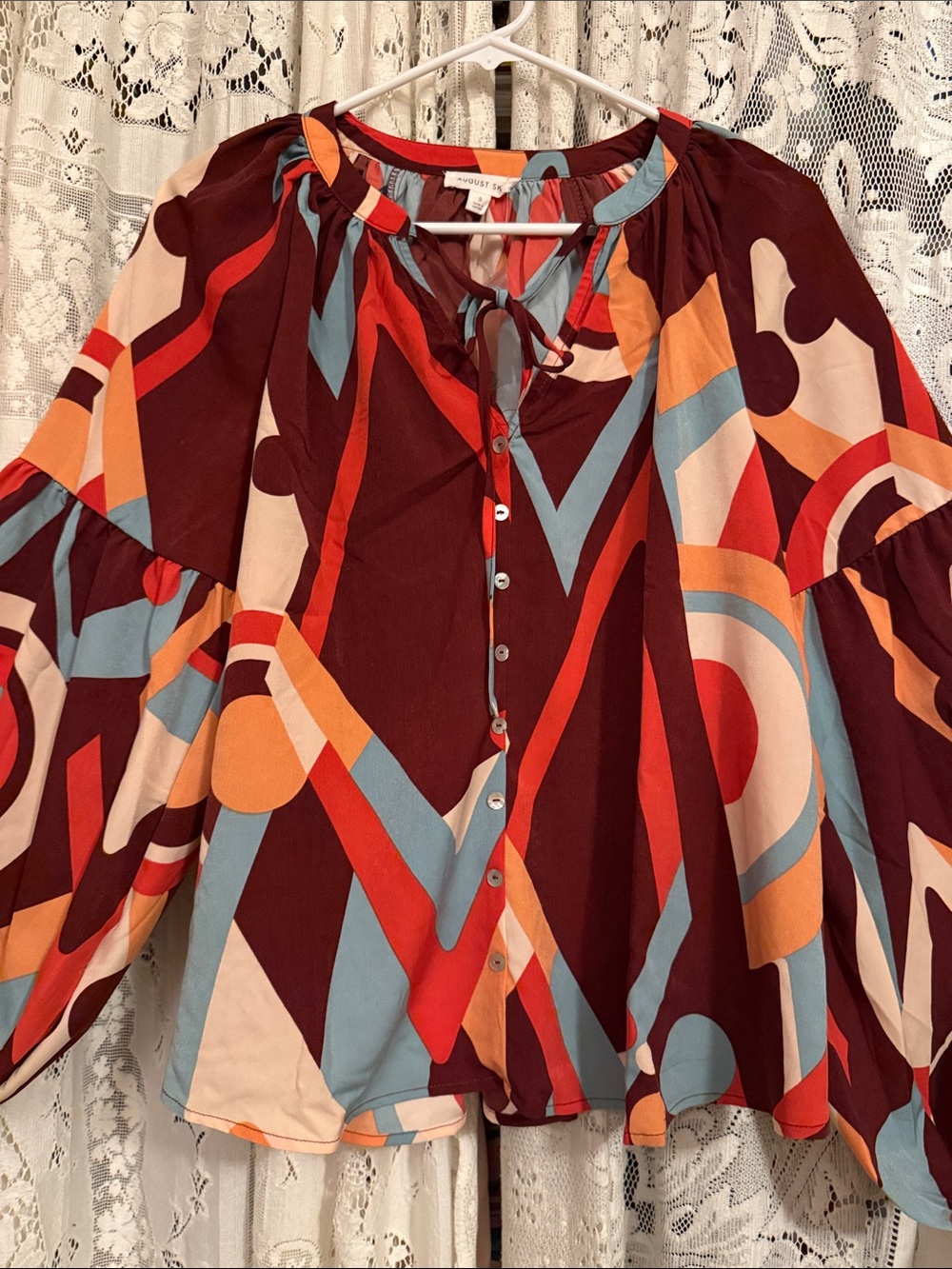 Boho Geometric Balloon-Sleeve Blouse in Burgundy - Picture 3 of 7